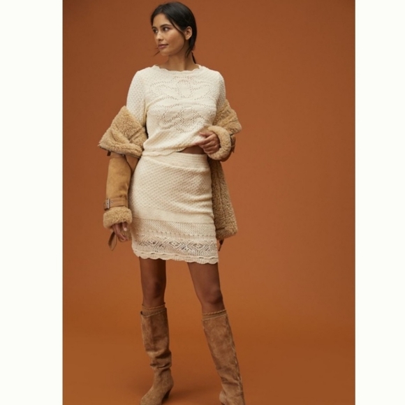Anthropologie Dresses & Skirts - Anthropologie Crochet Matching Skirt & Sweater Knit Set Retro Hippie